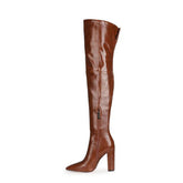 Schicke Overknee-Stiefel aus Kunstleder mit spitzer Spitze und Blockabsatz - Braun